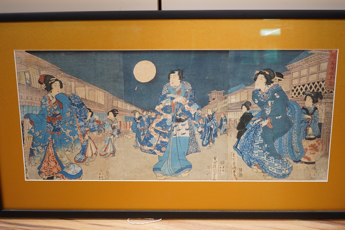 Eleven Japanese block prints framed as five, signatures include Utagawa Kunisada, Utagawa Kunisada II, Utagawa Yoshiharu, and Toyohara Kunichika. Condition - good